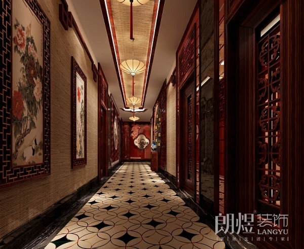 纯中式酒店走廊装修效果图