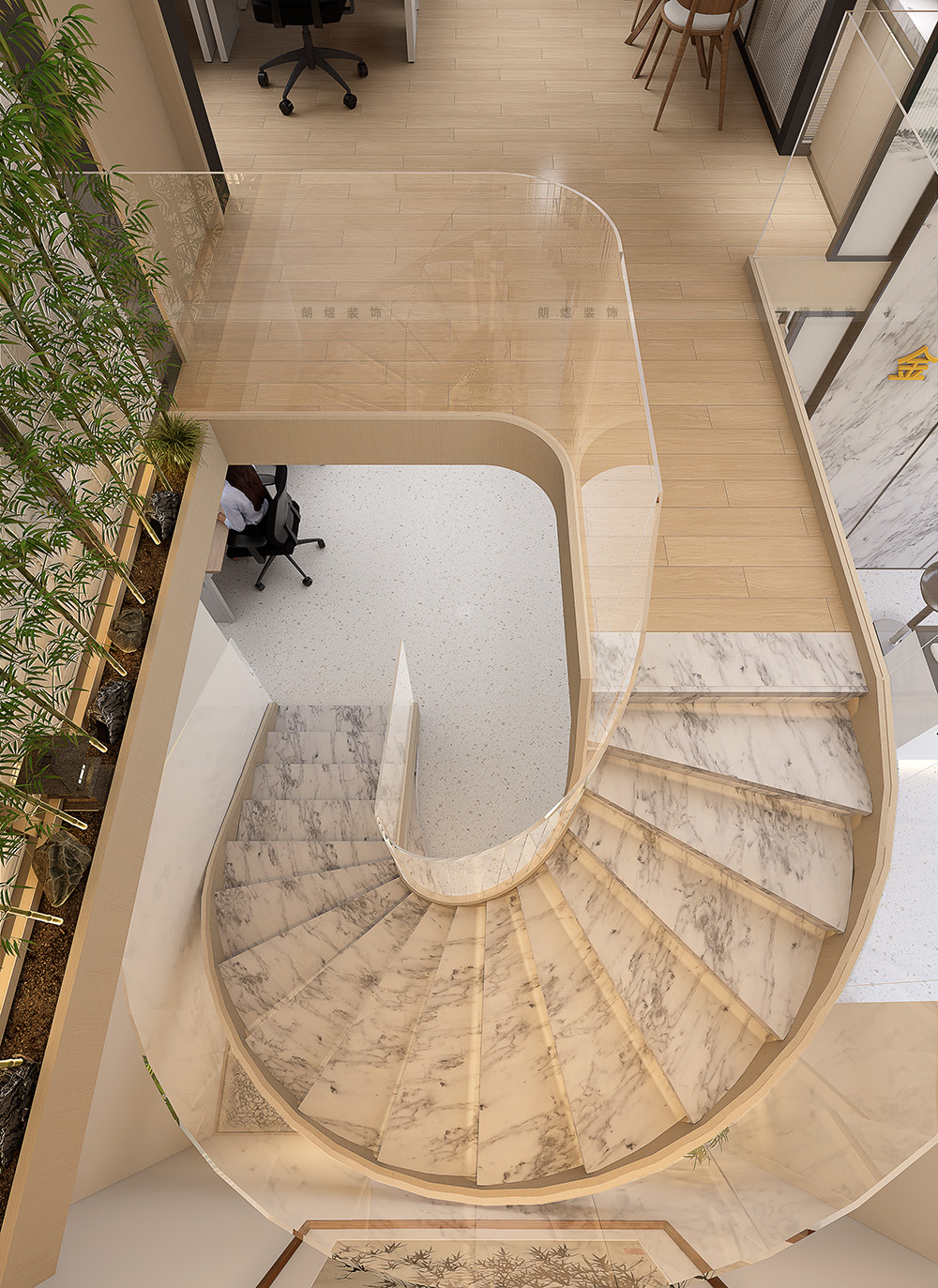 成都电商外贸公司办公室装修效果图-楼梯俯视