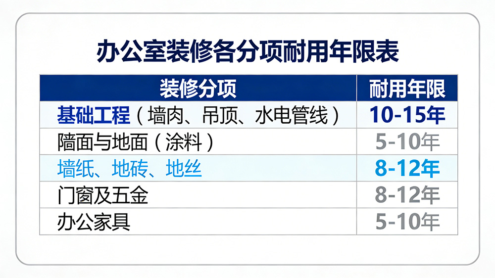 不同办公室装修分项的耐用参考年限表